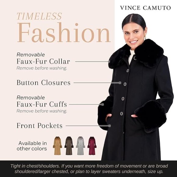 Vince Camuto black wool blend coat with removeable faux fur collar and cuffs M - Picture 3 of 15